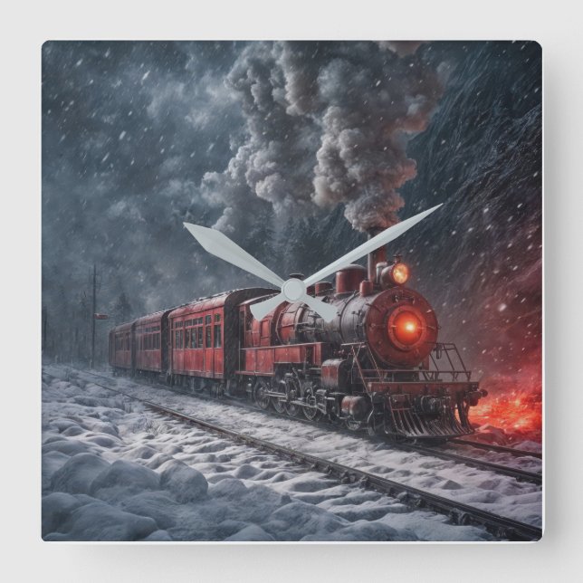 Vintage Snö Tåg Fyrkantig Klocka (Framsida)