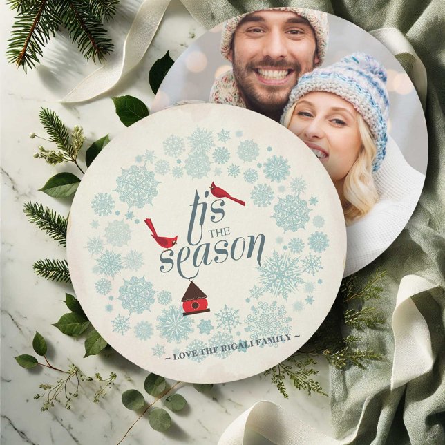 Vintage snöflinga foto julkort (Best Christmas cards with photo features snow and red cardinals. )