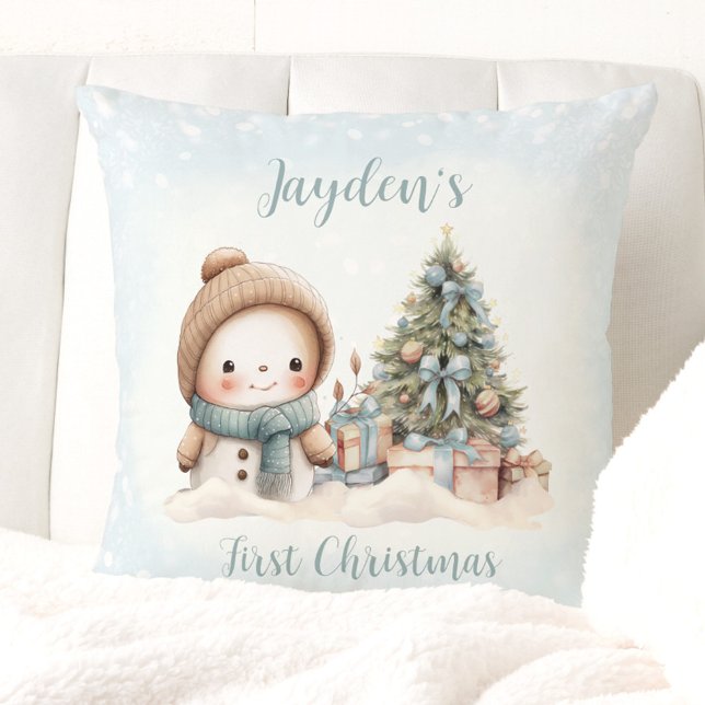 Vintage Snögubbe Boy Blue Första julklapp Kudde (Vintage Snowman Boy Blue First Christmas Pillow)