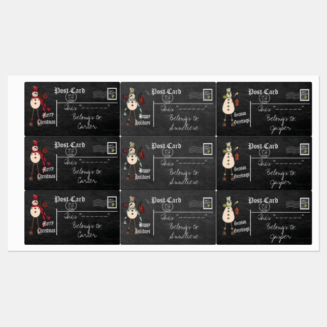 Vintage Snögubbe etiketter (Ark)