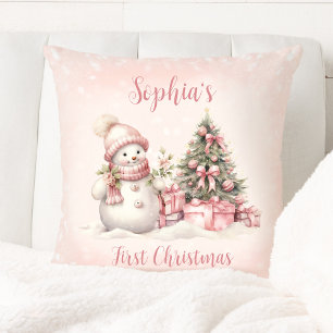 Vintage Snögubbe Girl Rosa First jul Pillow Kudde