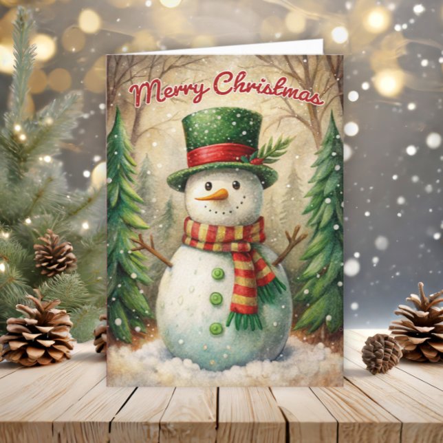 Vintage Snögubbe God jul Helgkort (Snowman folded Christmas greeting card)