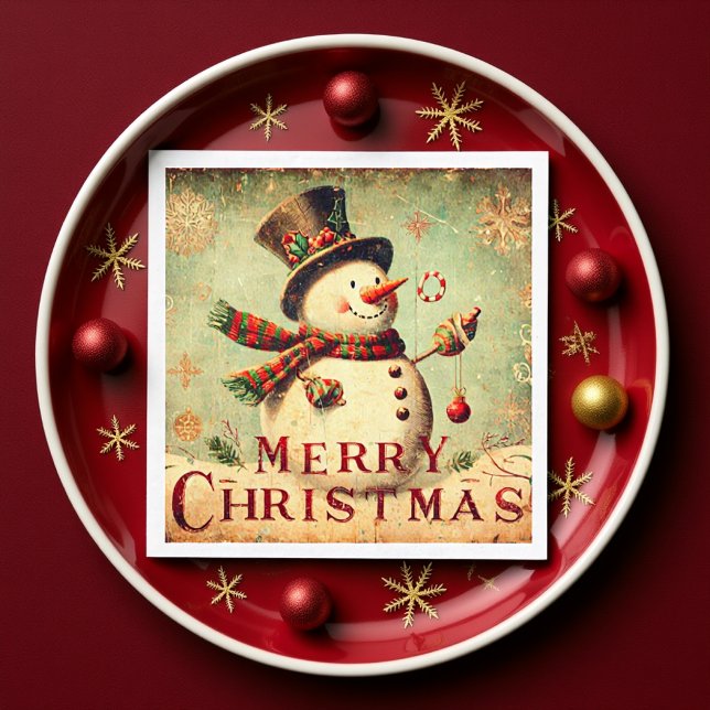 VINTAGE SNÖGUBBE - GOD JUL PAPPERSSERVETT (Vintage Snowman Rustic Red and Green Holidays Napkins)