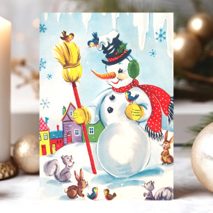 Vintage Snögubbe med djurets jul Helgkort