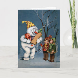 Vintage Snögubbe med Presenter julkort Helgkort