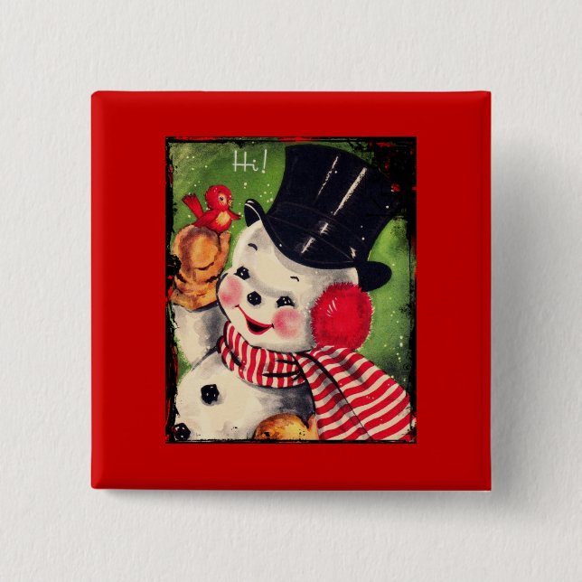 Vintage Snögubbe med rödfågel Knapp (Framsida)