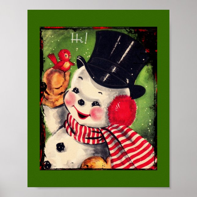 Vintage Snögubbe med rödfåglar Poster (Framsidan)