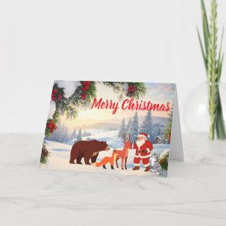 Vintage Snöig Jul Tomte och Skogsdjur Helgkort