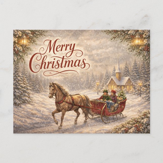 Vintage Snöig slädfärd God Jul Helg Vykort (Framsida)