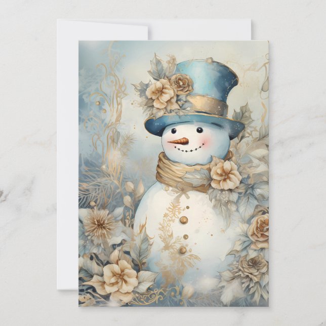 Vintage Snöman Guld Blå Vit Jul Julkort (Framsida)