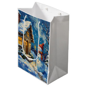 Vintage Snöman vid Ljusupplyst Julstuga