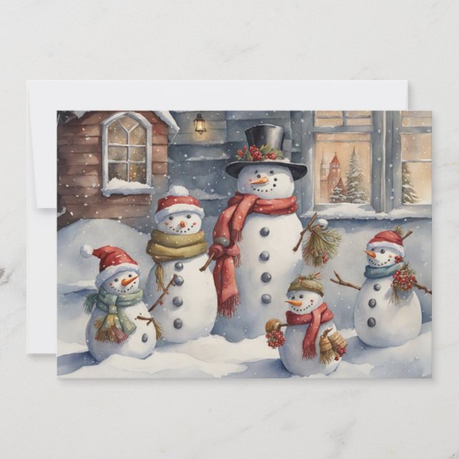 Vintage Snömannafamilj God Jul Julkort (Framsida)