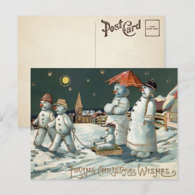 Vintage Snömannafamilj Julkort  Vykort (Fram/baksida)