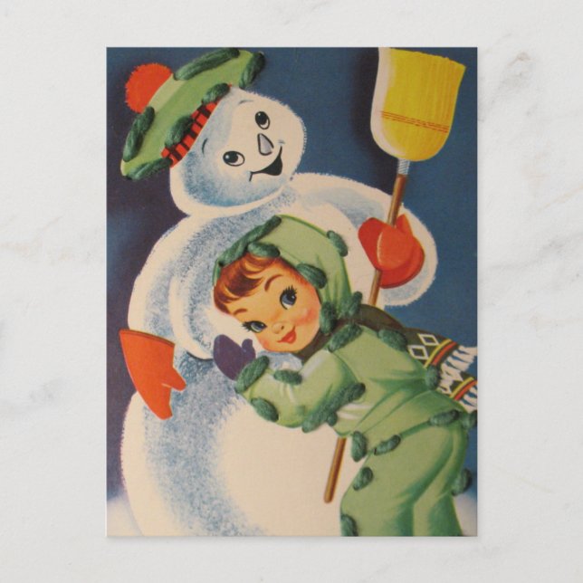 vintage snömannen barn semester vykort (Framsida)