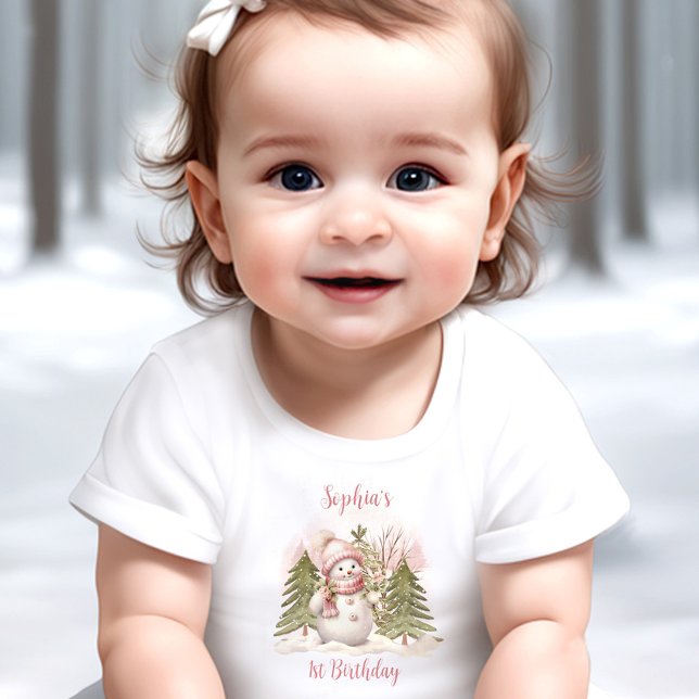 Vintage Snömannen Flicka Rosa Första Födelsedags T T Shirt (Winter Pink Vintage Snowman 1st Birthday Baby T-shirt)