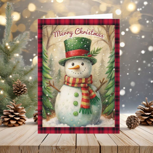 Vintage Snömannen God Jul Buffalo-rutig Helgkort (Snowman folded Christmas greeting card)
