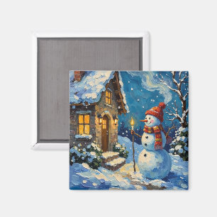 Vintage Snömannen vid Ljusupplyst Julstuga Magnet