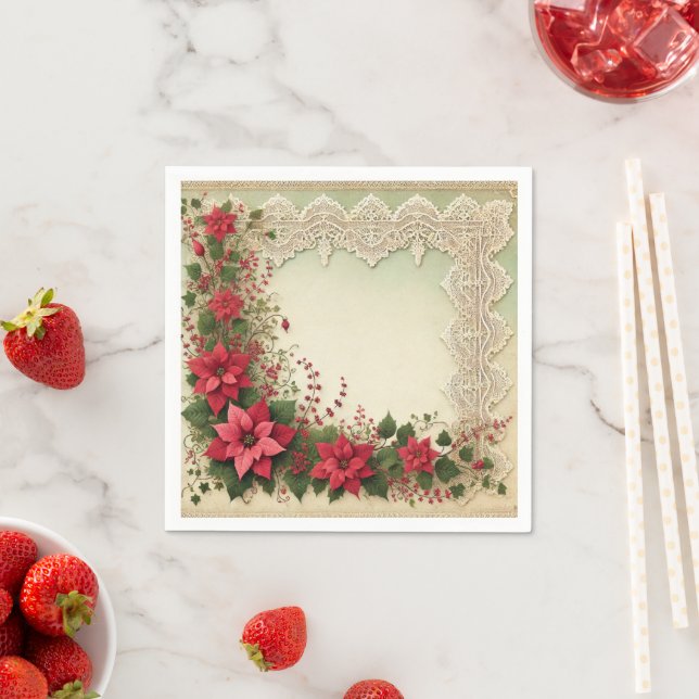Vintage Snöre Blommigt Poinsettia Ram Decoupage Pappersservett (Insitu)