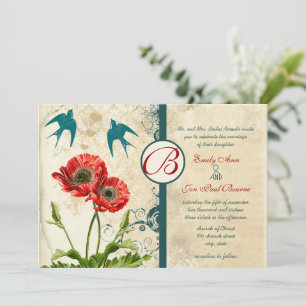 Vintage Snöre Lovebird Damask Red Poppy Bröllop Inbjudningar