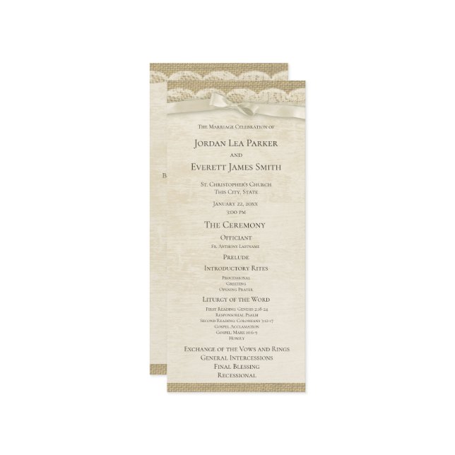 Vintage Snöre och Bröllopsprogrammet Burlap Program (Fram/Back In Situ)