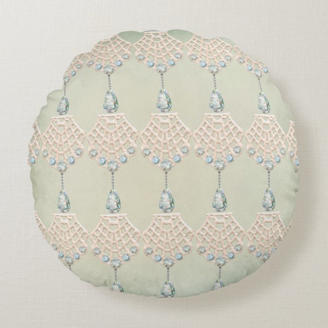 Vintage snöre teal rhinestone krämsegods rund kudde (Framsidan)