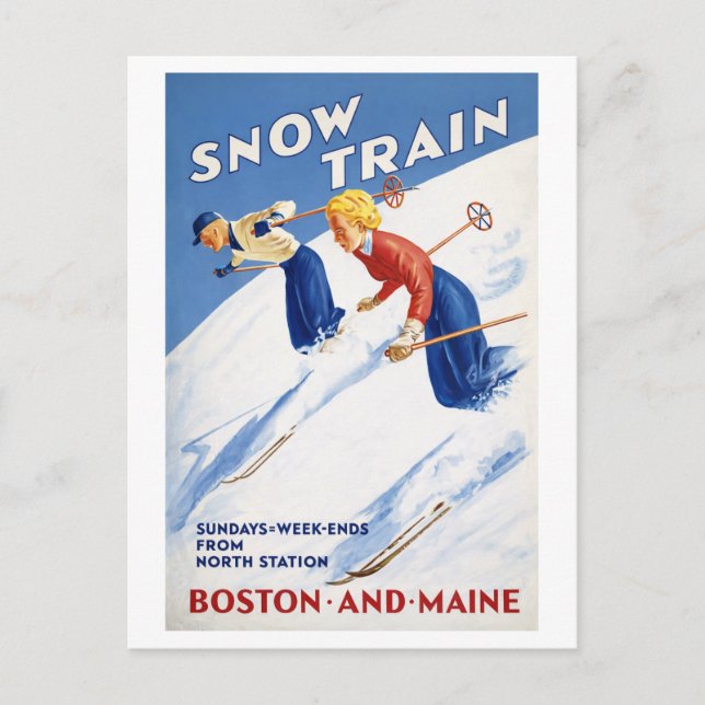 Vintage Snow Train Resoraffisch Reklam Vykort (Framsida)