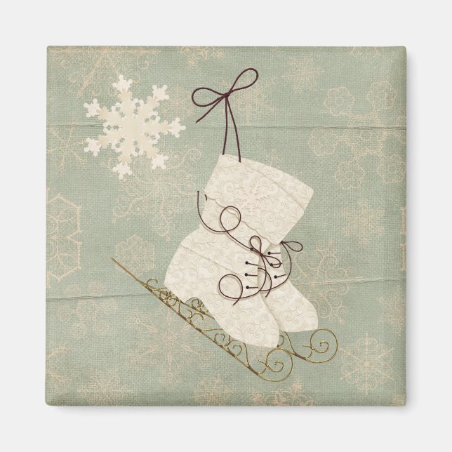 Vintage snowflake-skridskor söt rustik vinter magnet (Framsidan)