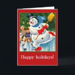 Vintage Snowman Card for Holidays Helgkort<br><div class="desc">Classic vintage winter art features a snowman playing hockey with a bunch of kids.  Family friendly,  cute illustration is ready for your text.  Current text reads "Happy holidays!"   Bulk purchase saves money!</div>
