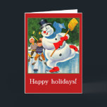 Vintage Snowman Card for Holidays Helgkort<br><div class="desc">Classic vintage winter art features a snowman playing hockey with a bunch of kids.  Family friendly,  cute illustration is ready for your text.  Current text reads "Happy holidays!"   Bulk purchase saves money!</div>