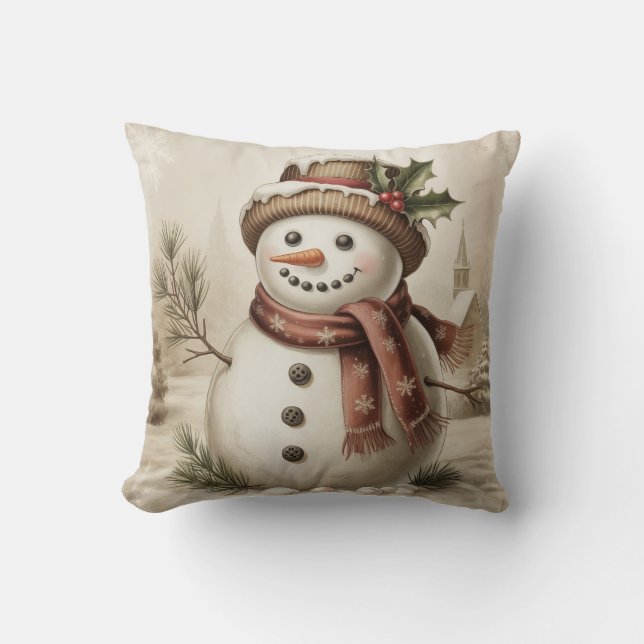 Vintage Snowman Throw PIllow Kudde (Framsida)
