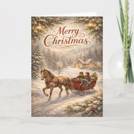 Vintage Snowy Sleigh Ride Merry Christmas Helgkort