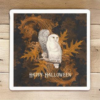 Vintage Snowy Uggla på Orange Damask Halloween Pappersservett