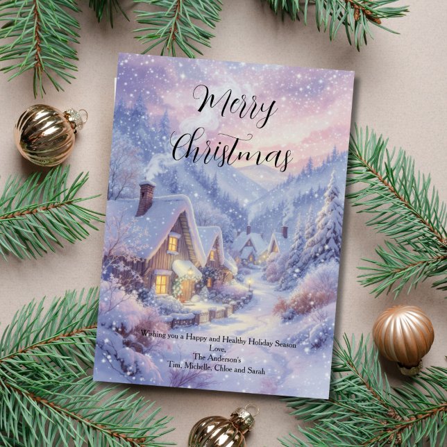 Vintage Snowy Village Helgdag-julkort (Vintage Snowy Winter Village Scene Christmas Holiday greeting card. Printed or Digital Download)