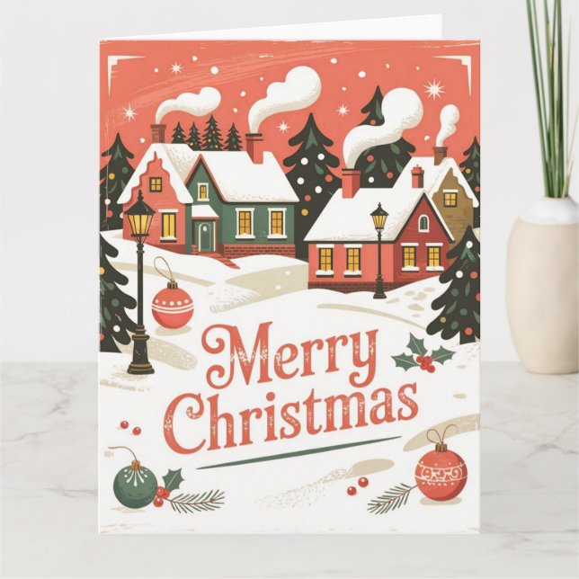 Vintage Snowy Village jul Kort (Framsida)