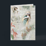 Vintage Snowy Winter jul Music Collage Helgkort<br><div class="desc">Vinterkollage med vackra åkrar i päls,  gräs och poinsettia på vintern,  musikalisk notation och text och handskrivet skript för Fransk på en dyster bakgrund av grått snöskiva.</div>