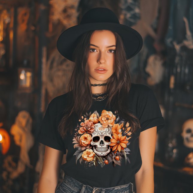 Vintage Socker Skalle Halloween T Shirt (Halloween Floral Sugar Skull)