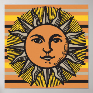 Vintage sol ansikte, träsksten poster