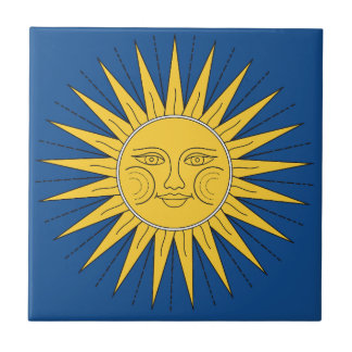 Vintage Sol illustration på blå bakgrund Kakelplatta