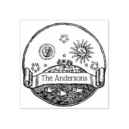 Vintage Sol Måne Stjärnor Hav Jord Ritning Namn Stämpel