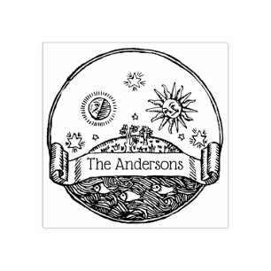 Vintage Sol Måne Stjärnor Hav Jord Ritning Namn Stämpel