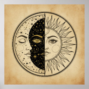 Vintage Sol och Måne Tarot-kort Stil Mystisk Print Poster