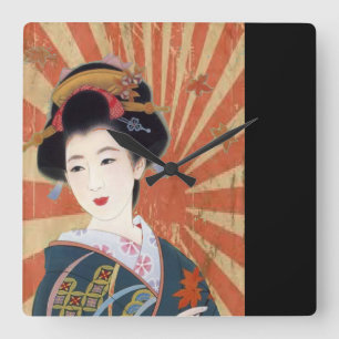 Vintage Sol Rays Japanska Geisha Retro Fyrkantig Klocka