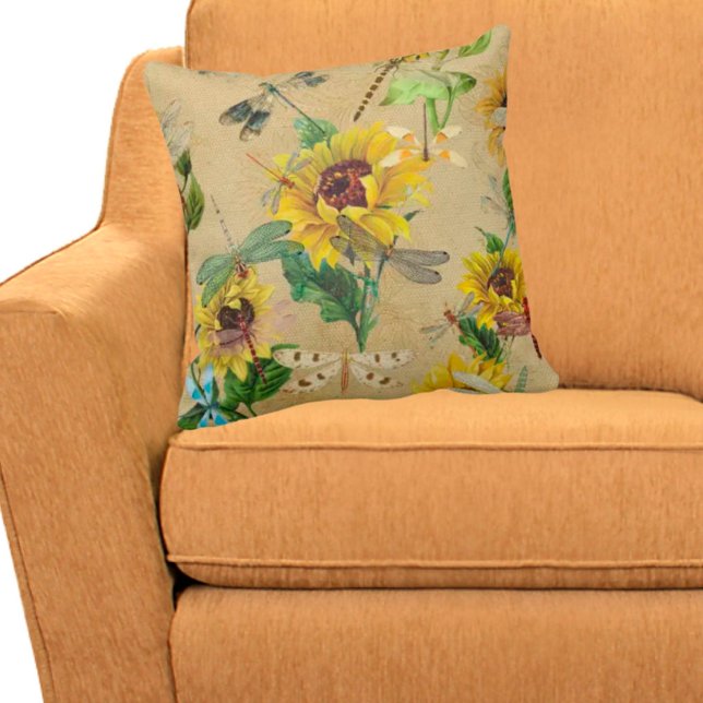 Vintage Solblommor och Dragonflies Kudde (Skapare uppladdad)
