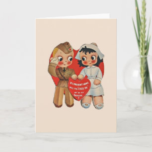 Vintage Soldat och Nurse Valentine Greeting Card Helgkort