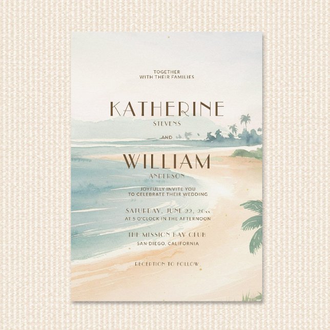 Vintage Solnedgång Ocean Kustlinje Deco Retro Bröl Inbjudningar (vintage coastal wedding invitation deco warm sunset orange teal mid century retro beach nautical)