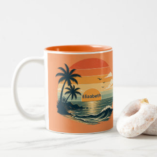 Vintage solnedgång orange strand tropisk present Två-Tonad mugg