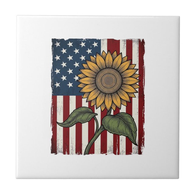 Vintage Solros Amerikansk Flagga Kakelplatta (Framsidan)