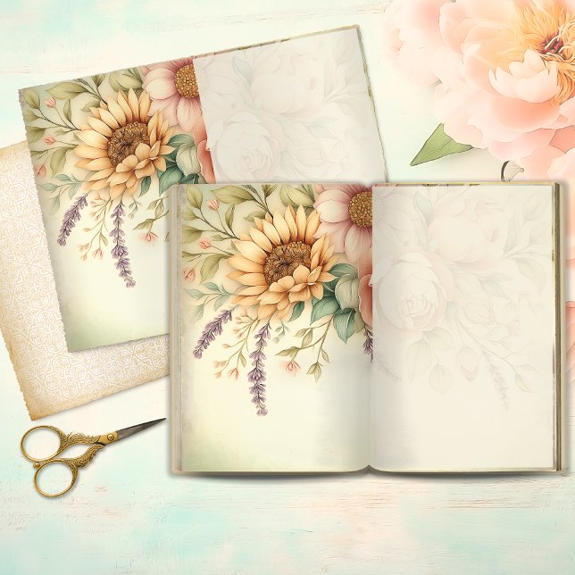 Vintage Solros & Blush Pion Junk Journal-sida (Skapare uppladdad)