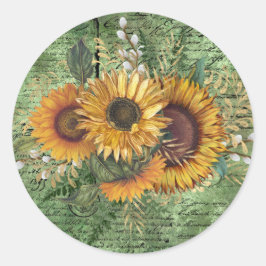 Vintage Solros Bouquet Grönt Ephemera Runt Klistermärke