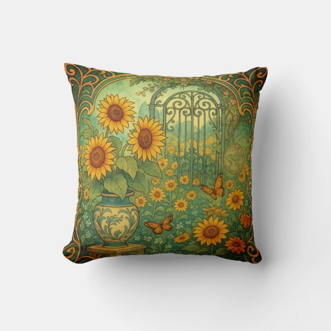 Vintage Solros Garden Butterflies Art nouveau Kudde (Framsida)